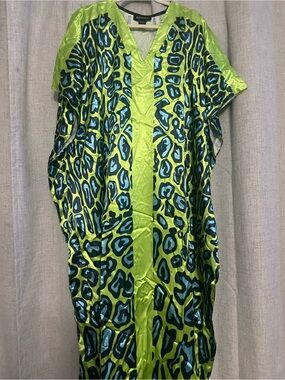 Ashro Lime & Teal Printed Satin Caftan